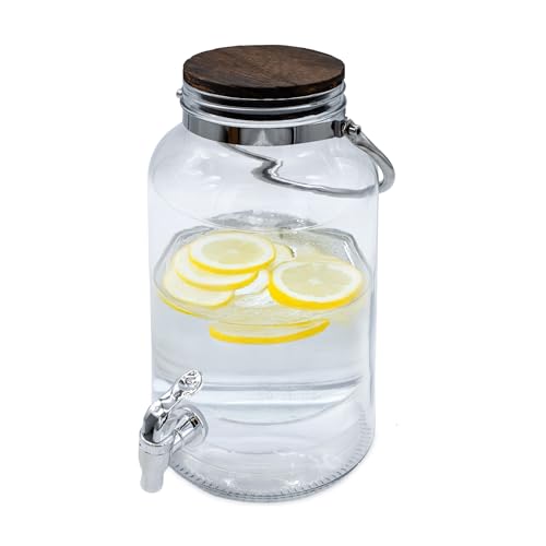 Getränkespender mit Zapfhahn und luftdichtem Holzdeckel - 6 Liter - Glas Wasserspender mit Tragegriff aus Metall - Wasser Saft Limonade Getränke Spender Dispenser von Spetebo