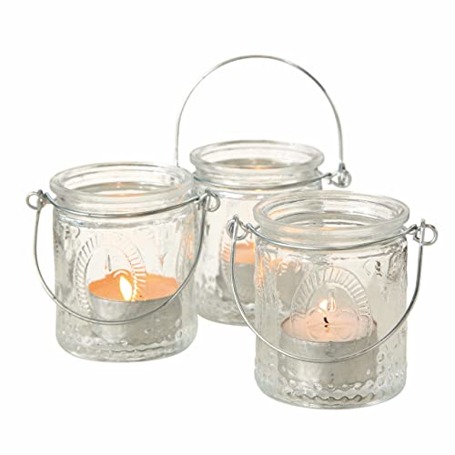 Spetebo Glas Teelichthalter - 3er Set / 7 cm - Windlilcht mit Bügel zum Hängen für Innen und Außen transparent von Spetebo