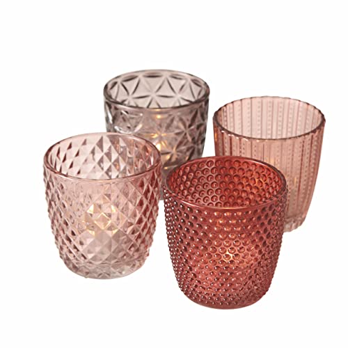 Spetebo Glas Teelichthalter transparent rosa - 4er Set / 7 cm - Deko Windlicht Retro Tischdeko Teelicht Halter von Spetebo