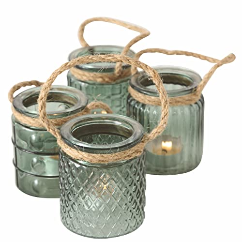 Glas Windlicht 9 cm transparent grün - 4er Set - Kerzenglas mit Kordel zum Hängen - Teelicht Kerzen Halter Tisch Deko Balkon Garten Wohnzimmer von Spetebo