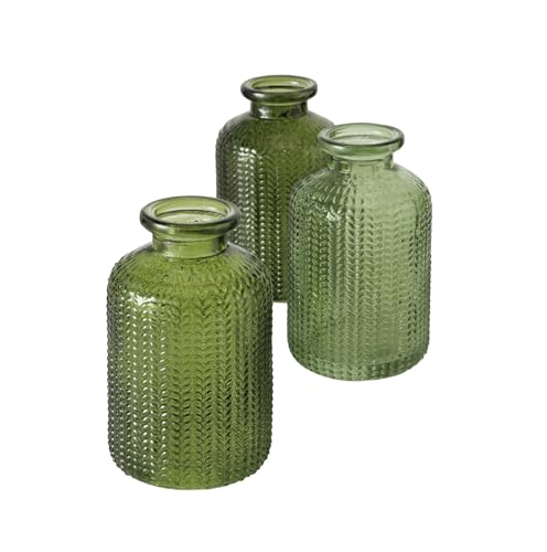 Glasvase 3er Set transparent grün - 10 cm - Kleine Deko Blumenvase rund - Relief Tischvase Knospenvase Glas Flasche Tischdekoration von Spetebo