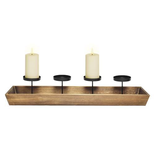 Holz Advents Kerzenleuchter mit 4 Kerzentellern - 56 x 12 cm - Weihnachts Kerzenständer mit integriertem Deko Tablett - Kerzenhalter Adventskranz Tisch Winter Dekoration von Spetebo