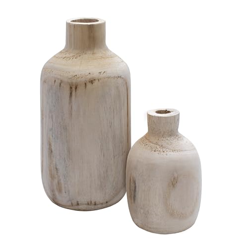 Holz Blumenvase 2er Set mit bauchiger Form - je 1x 18 cm und 28 cm - Flasche Holzvase naturbelassen - Tischdeko Fensterdeko für Kunstpflanzen und Pampasgras von Spetebo