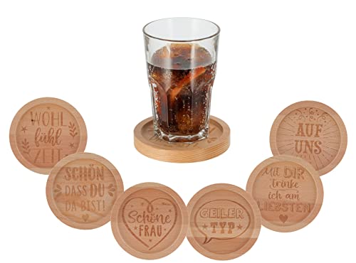 Spetebo Holz Getränke Untersetzer 11 cm mit Spruch - 6er Set - Tischuntersetzer mit Gravur - Glas Tasse Tisch Unterlage Unterteller von Spetebo