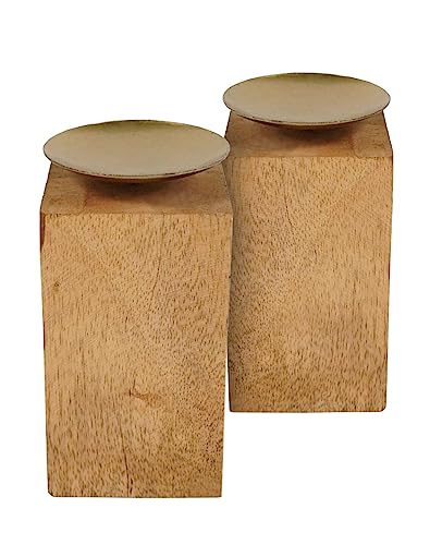 Holz Kerzenhalter 15 cm mit Metall Kerzenteller - 2er Set - Kerzenständer für Stumpen- und Kugel-Kerzen - Tisch Kerzenleuchter Landhaus Deko von Spetebo