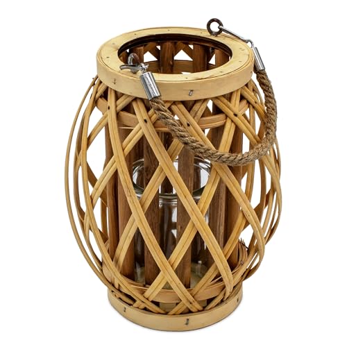 Holz Laterne mit Kerzenglas - 22 x 15 cm - Windlicht mit Jute Seil zum Hängen - Deko Kerzenhalter Leuchte zum Hängen für Innen Garten Balkon von Spetebo