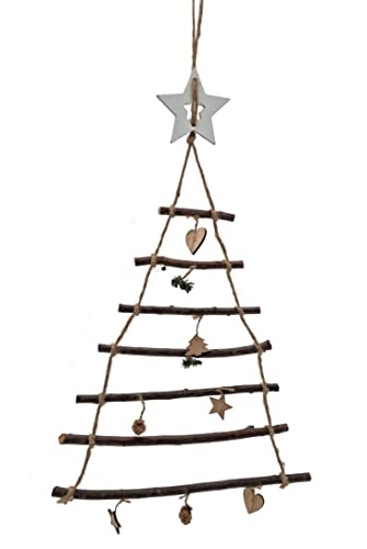 Holz Weihnachtsbaum aus 7 Ästen mit Stern Spitze - 70 cm - Wand Dekoration zum Hängen mit Zierschmuck - Deko Tannenbaum Hängebaum Hängedeko Wand Behang Weihnachten Advent von Spetebo