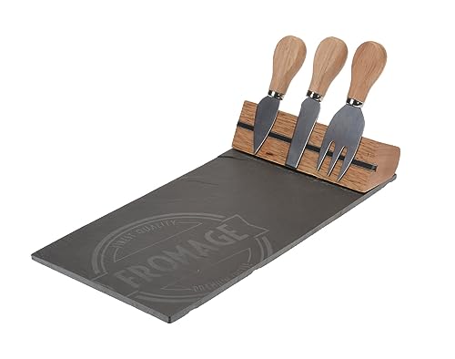 Käseplatte Set aus Schiefer und Bambus 4-teilig - 30 x 15 cm - Servierplatte inklusive Besteck und Magnet Halterung - Schieferplatte Käsebrett Buffet Platte mit Käsemesser lebensmittelecht von Spetebo