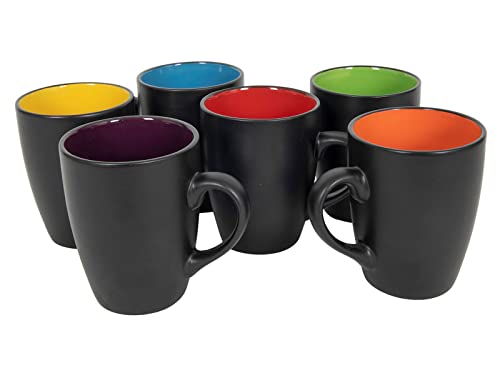 Kaffeebecher 6er Set je 340 ml - schwarz matt/innen farbig - Kaffeebecher mit Henkel - Tee Becher Kaffee Tasse aus Porzellan mehrfarbig bunt von Spetebo