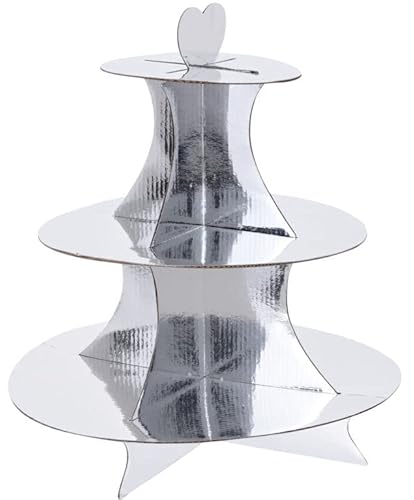 Spetebo Karton Etagere 34 x 30 cm mit 3 Ablagen - Silber - Servierplatte mit Herz Tragegriff - Dessert Muffin Cupcake Kuchen Platte Servier Papp Ständer von Spetebo
