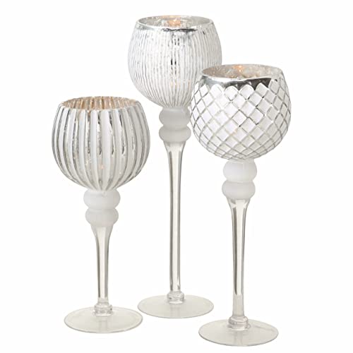 Spetebo Kerzenglas 3er Set - weiß Silber - Edler Glaskelch für Teelichter - Windlicht Kerzen Ständer Leuchter Halter Langstielig von Spetebo