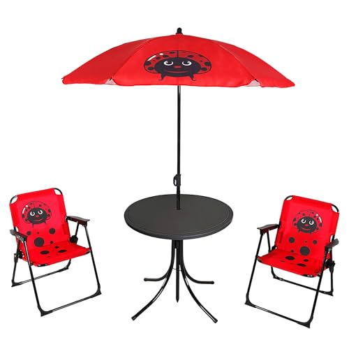 Kinder Camping Sitzgruppe Marienkäfer mit Tisch und Schirm - 4-teilig - Garten Tischgruppe für Kleinkinder mit Sonnenschirm und 2 Stühlen - Outdoor Sitzgarnitur Tisch Stuhl Set klappbar mit Armlehnen von Spetebo