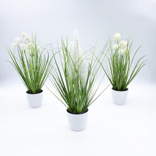 Künstliches Gras im Topf 3er Set - 38 cm H - Kunstpflanze mit weißem Blumentopf - Deko Kunstgras Topfpflanze Zimmerpflanze für Tisch Fenster Schreibtisch von Spetebo