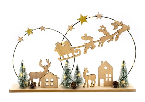LED Deko Aufsteller Holz mit Weihnachts Motiv - 40 x 25 cm - Silhoutten Bild Weihnachtsmann mit Schlitten warm weiß beleuchtet - Weihnachts Tischdeko Fensterdeko Deko inklusive Batterie von Spetebo