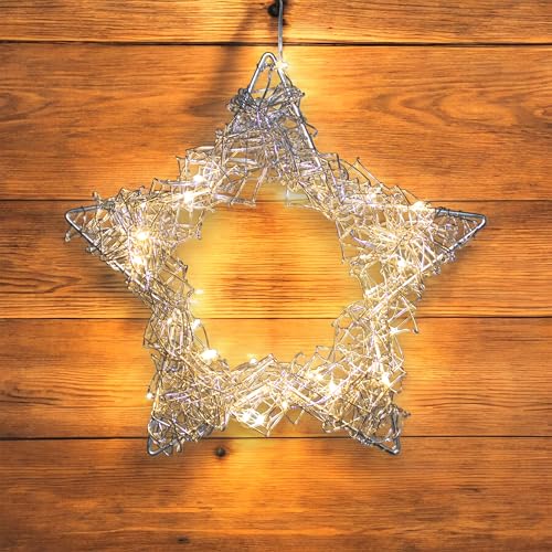 LED Draht Stern zum Hängen Ø 30 cm mit Timer - Silber - Deko Kranz mit 30 LED in warm weiß - Weihnachten Advent Tür Wohnen Dekoration von Spetebo