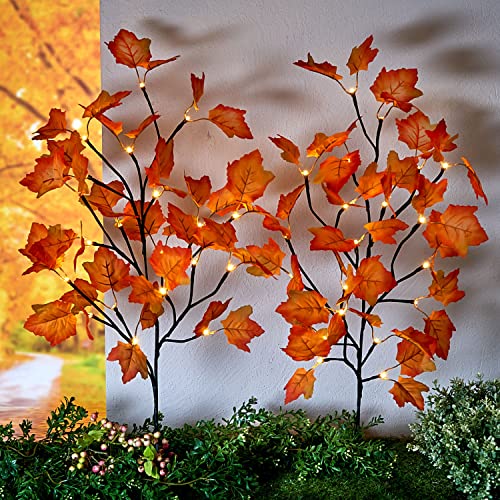 LED Garten Stecker Herbstlaub warm weiß - 2er Set - Outdoor Deko Beleuchtung mit Timer - Herbst Laub außen Dekoration Batterie betrieben von Spetebo
