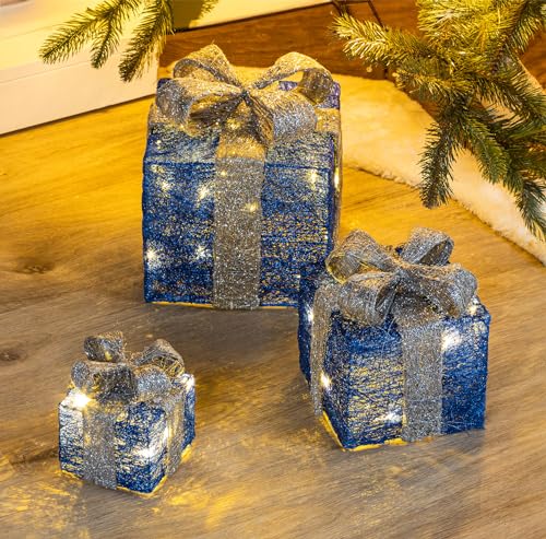 LED Geschenkboxen mit Timer 3er Set - BLAU - Weihnachts Dekoboxen warm weiß beleuchtet - Weihnachten Advent Winter Christbaum Deko Beleuchtung Batterie betrieben von Spetebo