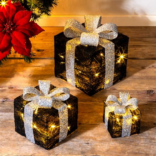 LED Geschenkboxen mit Timer 3er Set - Farbe - Weihnachts Dekoboxen warm weiß beleuchtet - Weihnachten Advent Winter Christbaum Deko Beleuchtung Batterie betrieben (schwarz) von Spetebo