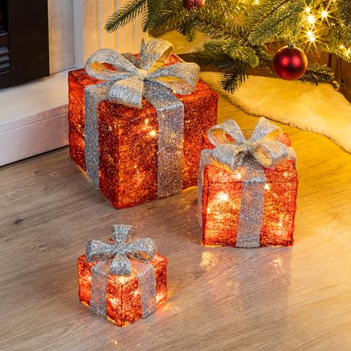 LED Geschenkboxen mit Timer 3er Set - ROT/GRAU - Weihnachts Dekoboxen warm weiß beleuchtet - Weihnachten Advent Winter Christbaum Deko Beleuchtung Batterie betrieben von Spetebo