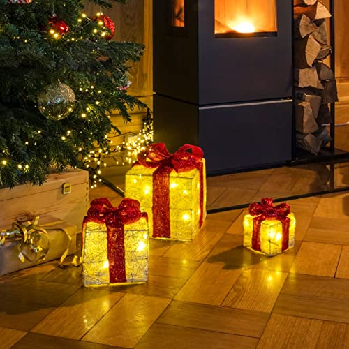 LED Geschenkboxen mit Timer 3er Set - ROT - Weihnachts Dekoboxen warm weiß beleuchtet - Weihnachten Advent Winter Christbaum Deko Beleuchtung Batterie betrieben von Spetebo