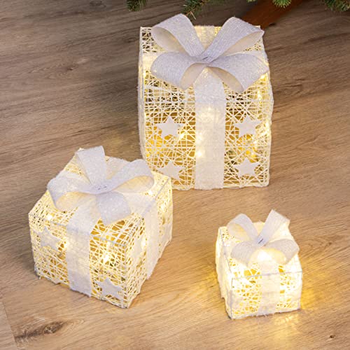 LED Geschenkboxen mit Timer 3er Set - WEIß - Weihnachts Dekoboxen warm weiß beleuchtet - Weihnachten Advent Winter Christbaum Deko Beleuchtung Batterie betrieben von Spetebo