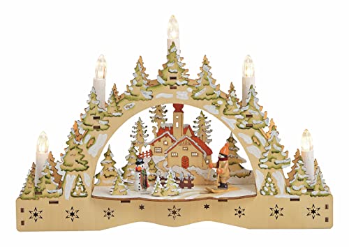 LED Holz Schwibbogen Winterlandschaft - 35 cm - Weihnachtsszene mit 5 LED Kerzen - Weihnachts Dorf Szene Tischdeko Fensterdeko warm weiß beleuchtet Batterie betrieben von Spetebo