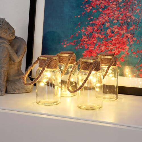 Spetebo LED Korkenglas 4er Set - Dekoglas zum hängen mit Kordel - Deko Glas Hängelampe mit LED Ambiente Licht von Spetebo