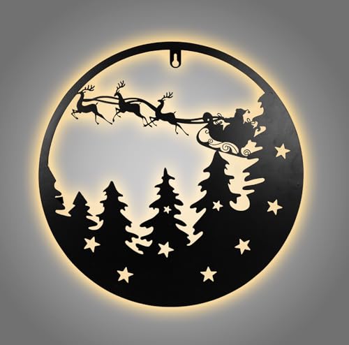 LED Metall Weihnachts Silhouettenbild schwarz - 35 cm - Weihnachts Deko Wandbild zum Hängen warm weiß beleuchtet - Schatten Silhouette Wand Licht Bild Winter Szene Motiv indirekte Beleuchtung von Spetebo