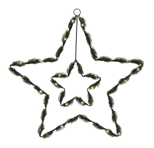 LED Metallstern mit Kunst Tannengrün - 50 cm - Deko Stern warm weiß beleuchtet mit Timer - Dekostern mit künstlicher Tanne Weihnachten Advent Dekoration Batterie betrieben von Spetebo