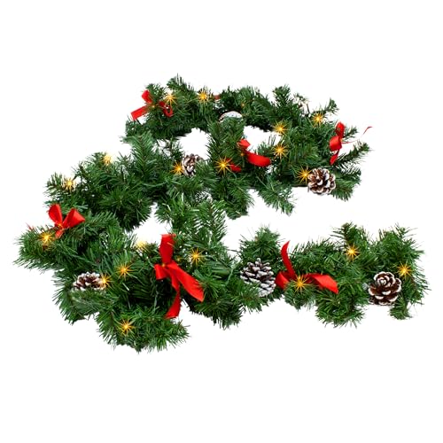 LED Tannengirlande grün mit Zapfen und Schleifen warm weiß beleuchtet - 274 cm mit 50 LED - Weihnachtsgirlande Batterie betrieben mit Timer - Deko Beleuchtung Kunst Tanne Girlande Weihnachten Advent von Spetebo