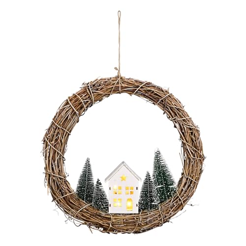 LED Weidenkranz mit Haus und Tannen Batterie betrieben - Ø 30 cm - Deko Türkranz mit Beleuchtung in warm weiß - Weihnachtskranz Dekokranz Fensterdeko Weihnachten Advent Kranz von Spetebo