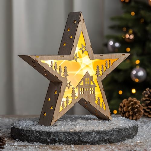 LED Weihnachts Stern aus Holz 30 cm - Motiv: Haus - Deko Aufsteller warm weiß beleuchtet - Weihnachten Advent Winter Stern Tisch Deko Beleuchtung Batterie betrieben von Spetebo