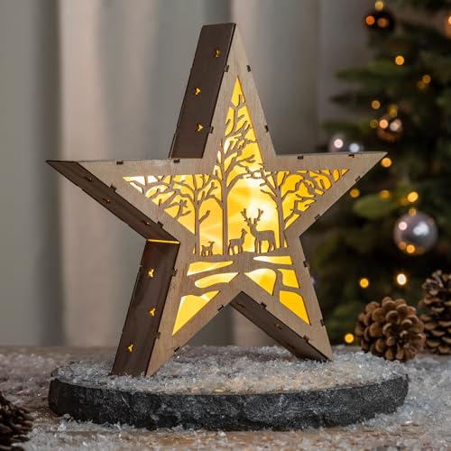 LED Weihnachts Stern aus Holz 30 cm - Motiv: Wald - Deko Aufsteller warm weiß beleuchtet - Weihnachten Advent Winter Stern Tisch Deko Beleuchtung Batterie betrieben von Spetebo