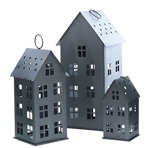 Spetebo Laterne MALMÖ 3er Set 43/31 / 20 cm zum Hängen - dunkelgrau - Metall Windlicht in Haus Form mit Herzen - Deko Kerzen Halter Ständer Lampion für Außen und Innen von Spetebo