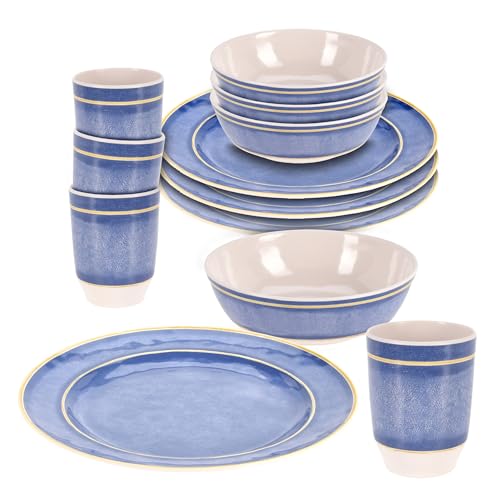 Melamin Campinggeschirr Service blau - 12-teilig - Picknick Geschirr Set Teller Müslischale Becher - Camping Essgeschirr Tafelgeschirr für 4 Personen Campingzubehör spülmaschinengeeignet bruchsicher von Spetebo
