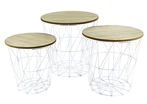 Spetebo Metall Beistelltisch mit Stauraum weiß/helle Platten - 3er Set - Wohnzimmer Tisch mit Abnehmbarer Holz Platte Metallkorb Sofatisch Couchtisch von Spetebo