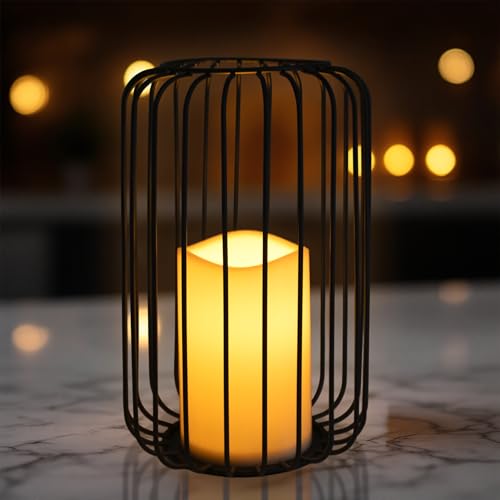 Metall Gitter Windlicht schwarz mit LED Kerze - 22 x 14 cm - Tisch Laterne warm weiß beleuchtet mit Timer - Tischdeko Zimmer Leuchte Stimmungslicht Nachttisch Lampe kabellos Batterie betrieben von Spetebo