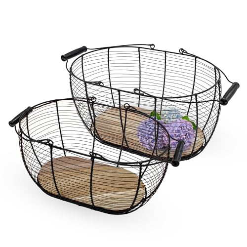 Metall Gitterkorb schwarz mit Holzboden 2er Set - 40 und 34 cm - Deko Drahtkorb mit Tragegriffen aus Holz - Korbset Dekokorb Aufbewahrungskorb Metallkorb Gitter Design oval Metall Gitterkorb schwarz mit Holzboden 2er Set - 40 und 34 cm - Deko Drahtkorb mit Tragegriffen aus Holz - Korbset Dekokorb Aufbewahrungskorb Metallkorb Gitter Design oval von Spetebo