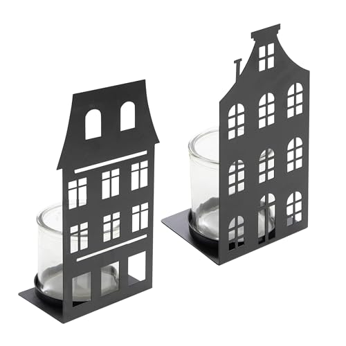 Metall Kerzenhalter Haus Silhouette schwarz 28 x 12 cm - 2er Set - Windlicht mit Glaseinsatz Motiv 2-Fach Sortiert - Weihnachtsdorf Skyline Tisch Deko Laterne für Weihnachten Advent Winter von Spetebo