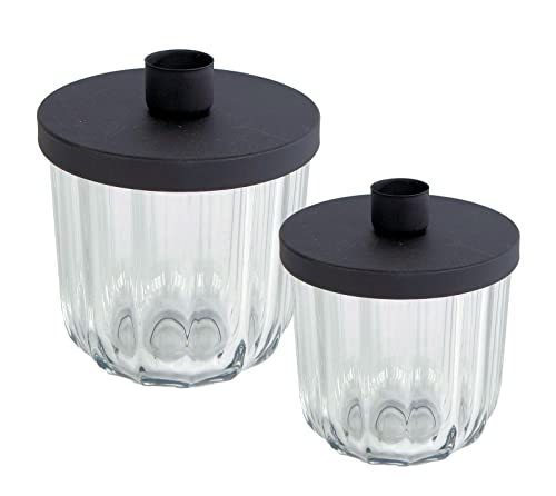 Spetebo Metall Kerzenhalter mit Deko Glas - 2er Set - Schwarzer Kerzenständer für Stabkerzen - Tafelkerzen Halter mit Deckel Tisch Kerzen Leuchter (2er Set) von Spetebo