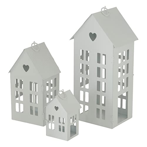 Metall Laterne Häuser im 3er Set in weiß - Höhe der Laternen: 34/21 / 12 cm - Deko Windlicht Haus - Kerzenhalter Häuser für Innen und Außen von Spetebo