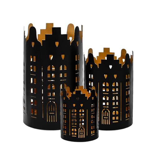 Metall Weihnachts Windlicht rund 3er Set - 20/15 / 10 cm - Deko Tisch Laterne Skyline schwarz - Tisch Kerzen Laterne Halter mit Lichtspiel Weihnachten Advent Stimmungslicht von Spetebo