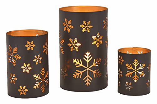 Spetebo Metall Windlicht Schneeflocken 3er Set - 20/15 / 13 cm - Winter Deko Tischlaterne in schwarz - Tisch Kerzen Laterne Halter mit Lichtspiel Weihnachten Advent Stimmungslicht von Spetebo