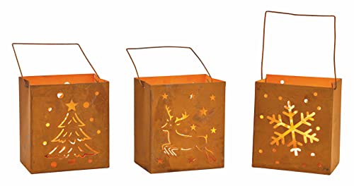 Spetebo Metall Windlicht Weihnachten 3er Set - 10 x 9 cm - Winter Deko Tischlaterne in Rost Optik - Tisch Laterne Teelicht Kerzen Halter mit Lichtspiel Advent Stimmungslicht von Spetebo