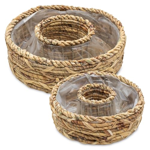 Pflanzring aus Wasserhyazinthe mit Folie 2er Set - 36-30 cm - Naturfaser Blumenschale zum direkten Bepflanzen - Garten Deko Blumentopf Pflanzenschale Blumen Korb Pflanzen Schale Kräuter Topf von Spetebo