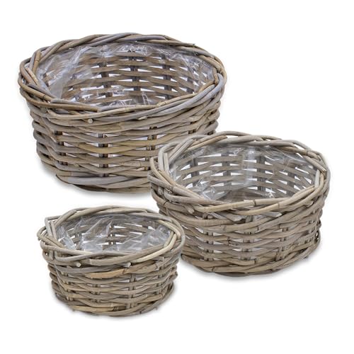 Pflanzschale aus Rattan im 3er Set - 30/26 / 21 cm - Blumentopf mit Folie ausgekleidet - Garten Deko Pflanztopf Weidekorb Blumenkorb Pflanzkorb Flechtkorb für Blumen von Spetebo