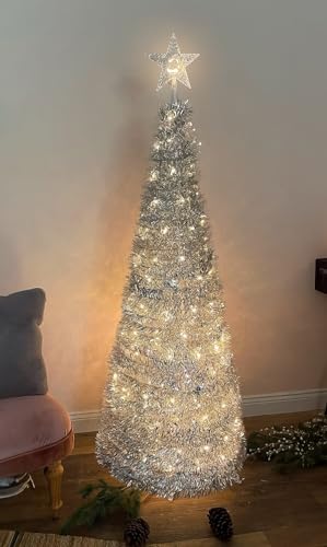 Pop Up Spiral Weihnachtsbaum 150 cm mit 120 LED und Stern Spitze - Silber - Künstlicher Tannenbaum warm weiß beleuchtet für Außen und Innen - Weihnachts Deko Garten Beleuchtung mit Stecker von Spetebo