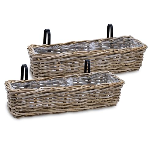 Rattan Balkonkasten Natur 60 x 20 cm - 2er Set - Weide Pflanzkorb mit Halterung - Balkon Garten Blumenkasten Pflanztopf Blumenkorb zum Einhängen an Geländer von Spetebo