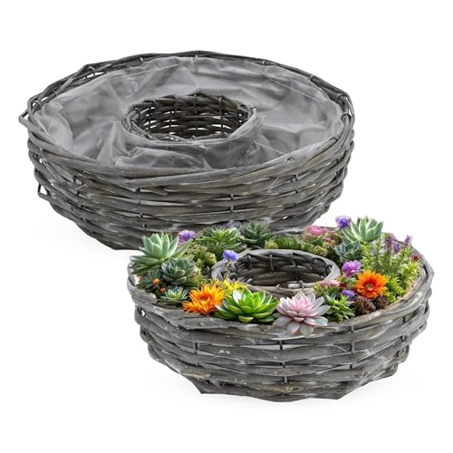 Rattan Pflanzring Natur mit Folie 2er Set - 30/25 cm - Naturfaser Blumenschale zum direkten Bepflanzen - Garten Deko Blumentopf Pflanzenschale Blumen Korb Pflanzen Schale Kräuter Topf von Spetebo