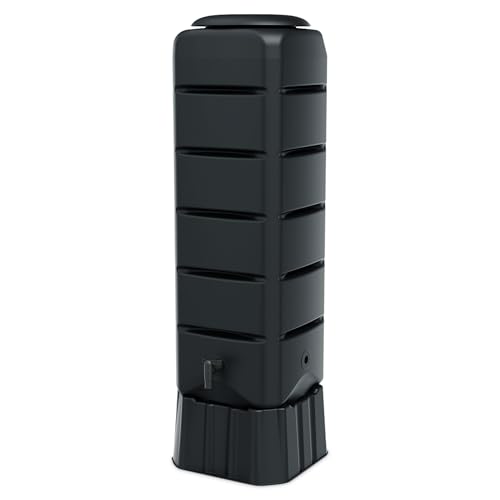 Regentonne eckig anthrazit mit Wasserhahn und Sicherungsgurt - 120 L - Kunststoff Regenfass grau 130 x 37 cm mit Standfuß - Regentank Wassertank Wassertonne Wasserspeicher Gartentonne Regensammler von Spetebo